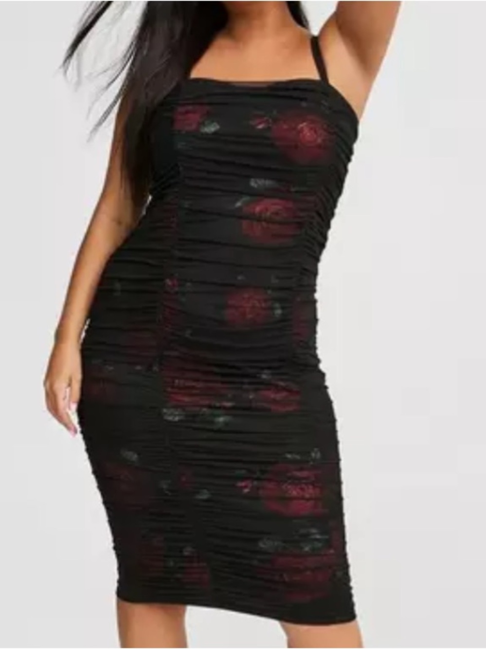 Torrid Marilyn Monroe Women 1X Black Floral Mesh Ruched Bodycon Midi Dress NWT